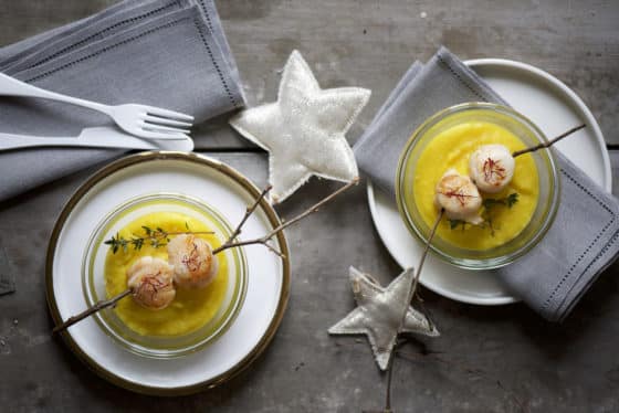 Capesante al timo con crema di patate allo zafferano