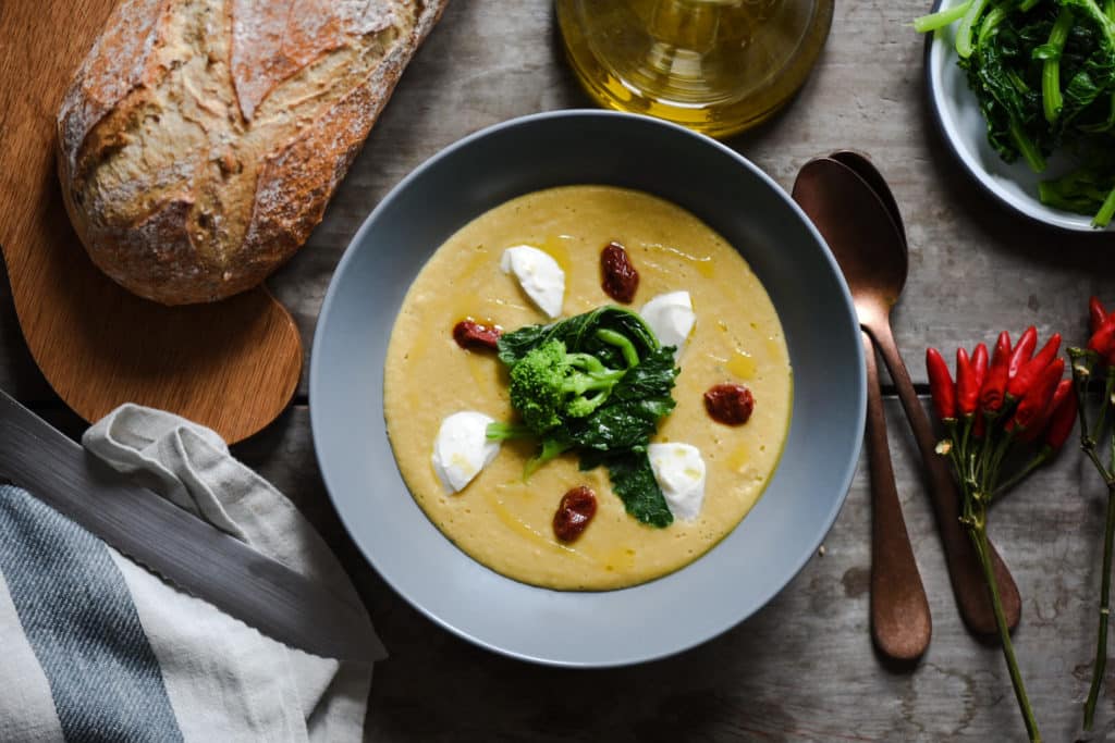 crema di ceci con cime di rapa, burrata e pomodori secchi