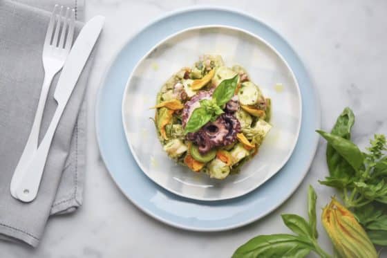 Ricettina: polpo con zucchine e i loro fiori al pesto leggero