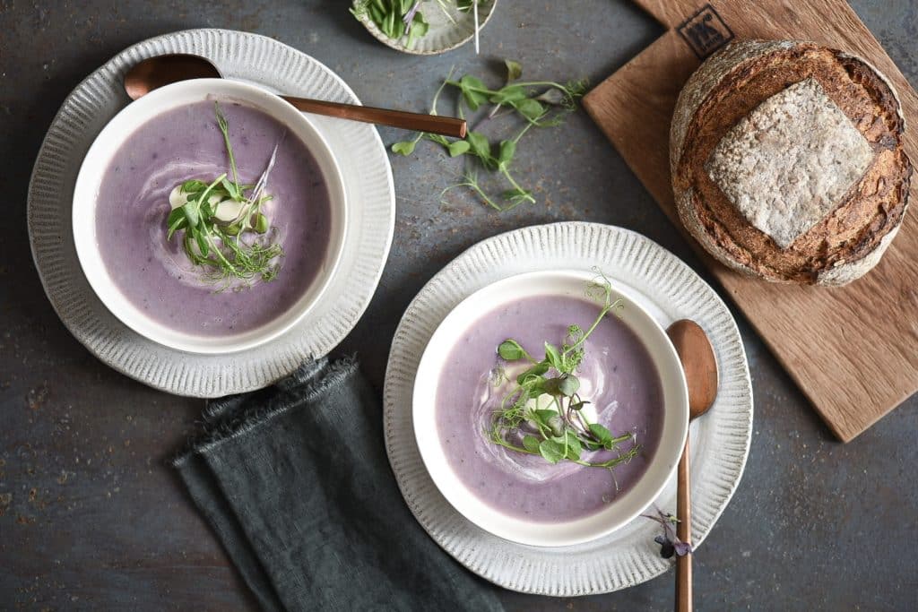 crema di patate viola e porri