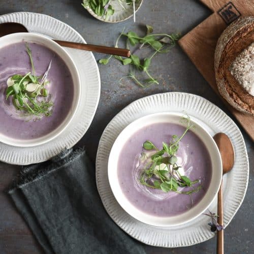 crema di patate viola e porri