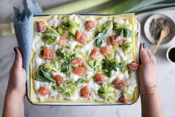 lasagnetta salmone, porri e pak choi